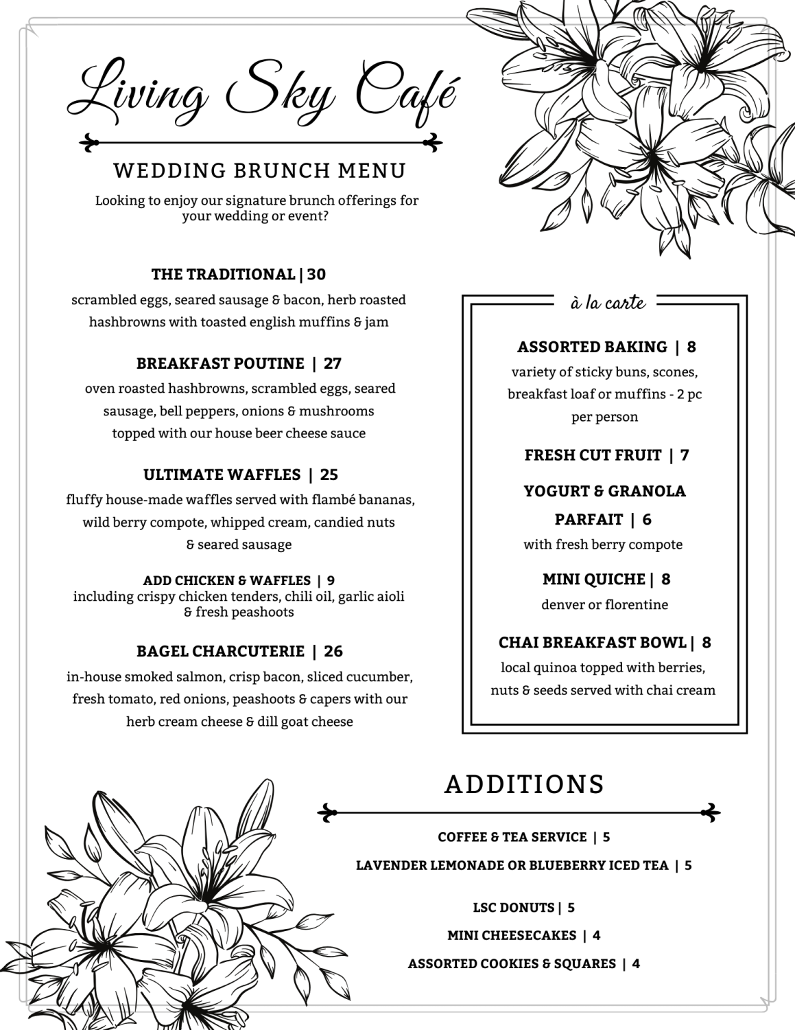 Living Sky Café wedding brunch menu. Includes waffles, bagel charcuterie and the traditional breakfast.