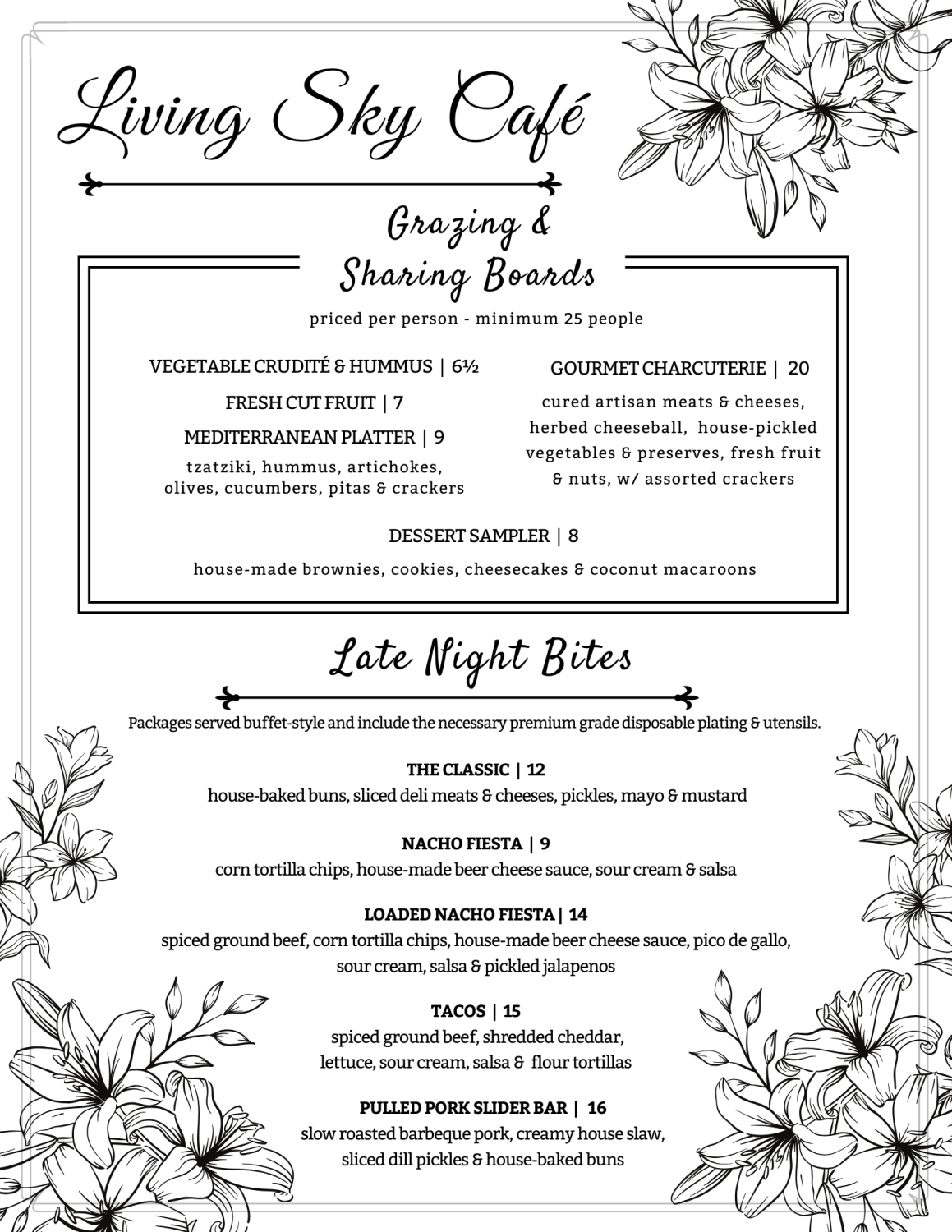 Grazing and Sharing Menu. Includes Gourmet Charcuterie and late lunch wedding food.
