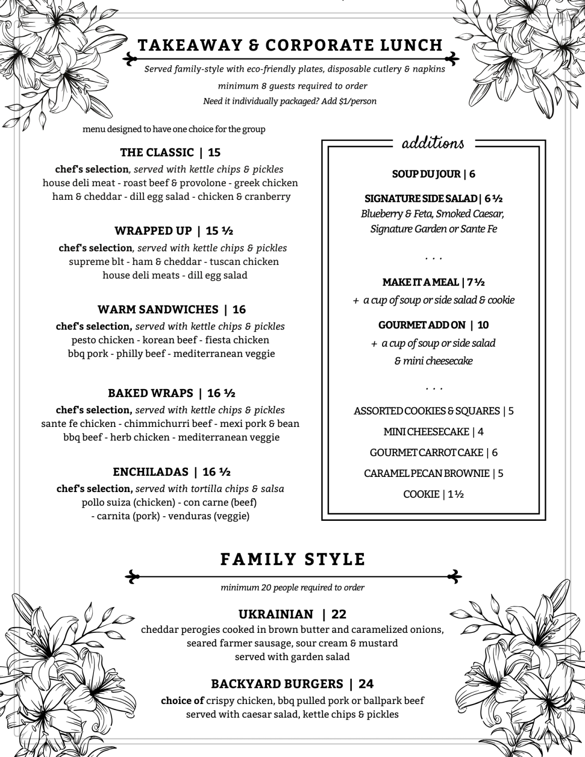 Catering lunch menu for meetings or events within Saskatoon. Includes sandwiches, wraps, enchiladas and our popular blueberry & feta salad.