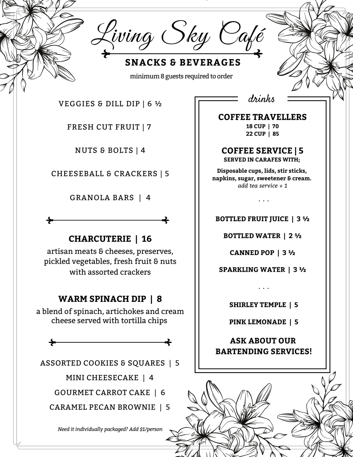 Catering menu for meeting snacks. Includes beverages.