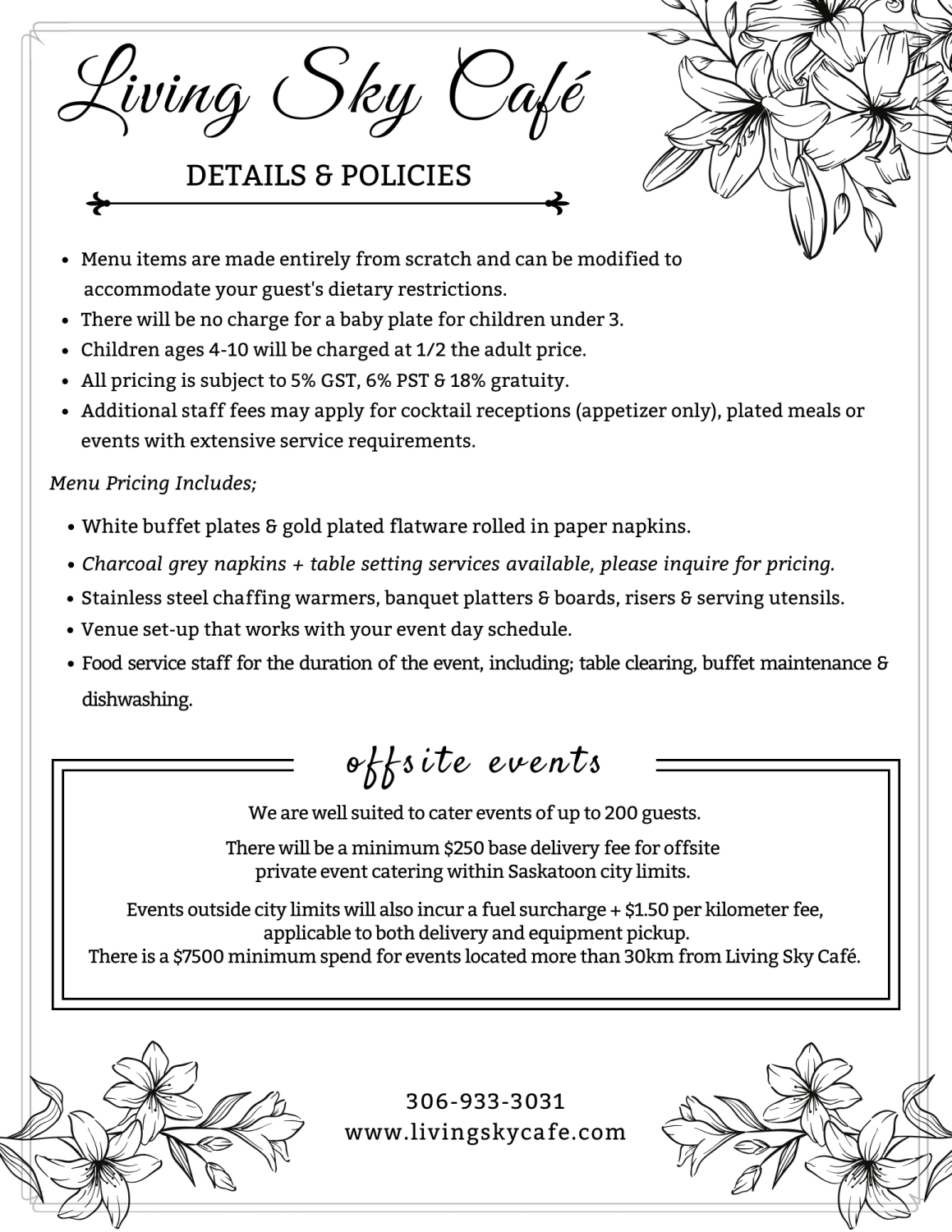 Details and Policies on having your wedding catered by Living Sky Café