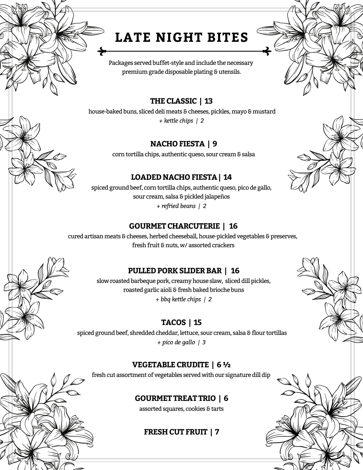 Living Sky Café's late lunch wedding menu