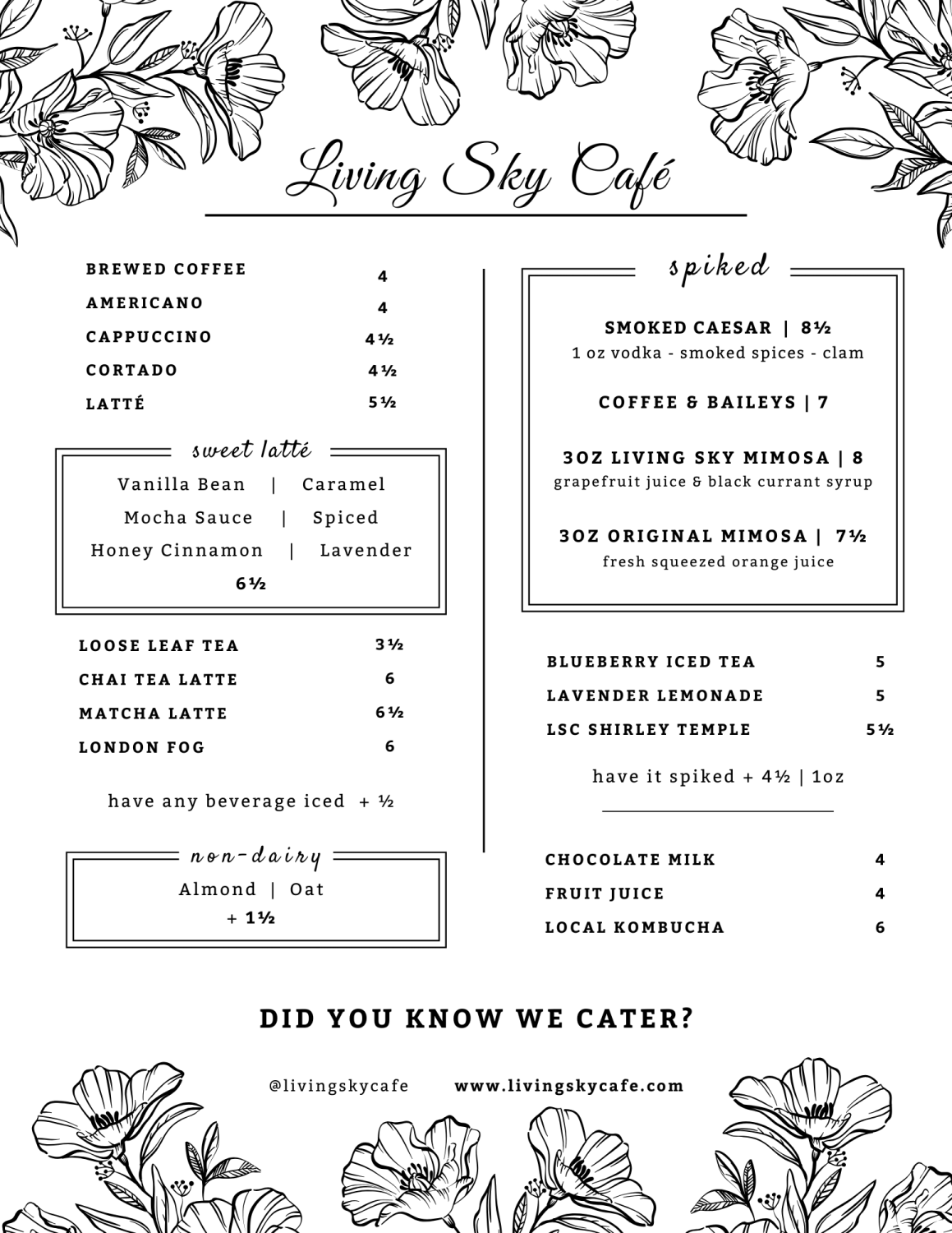 2025 Dine In Menu Living Sky Cafe Menu